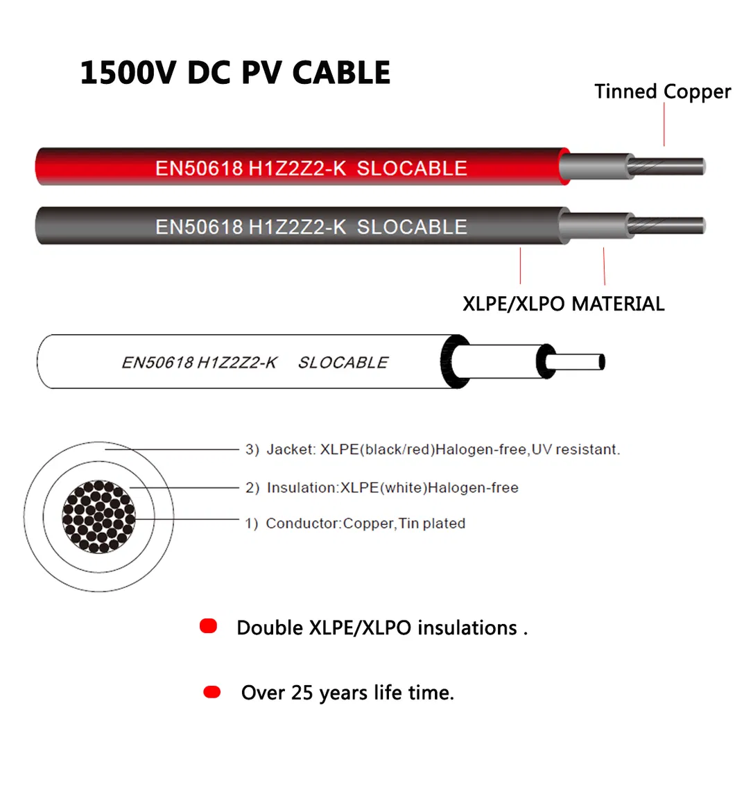 1X4mm2 (12AWG) Solar Cable Red or Black PV Cable Wire Copper Conductor XLPE Jacket TUV Certifiction