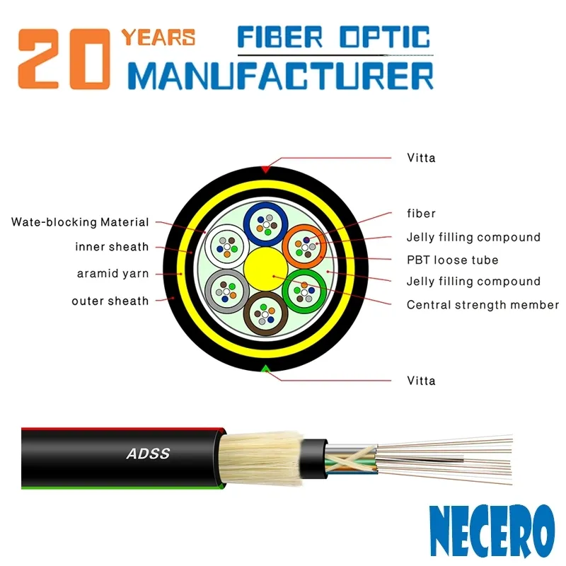 ADSS All Dielectric Self-Supporting Loose Tube 12c 8 Core Singlemode Aramid Yarns Fiber Optic Cable GYXTW Fiber Cable