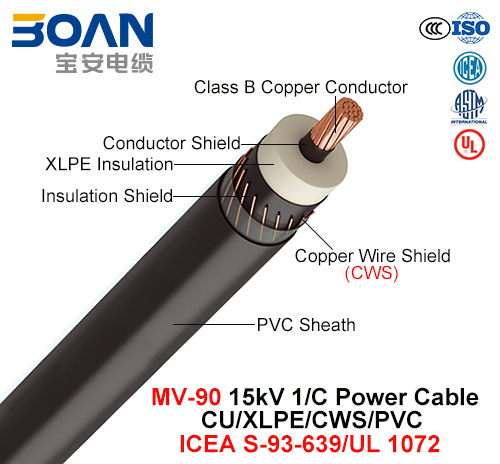 Mv-90, Power Cable, 15 Kv, 1/C, Cu/XLPE/Cws/PVC (ICEA S-93-639/NEMA WC74/UL 1072 )