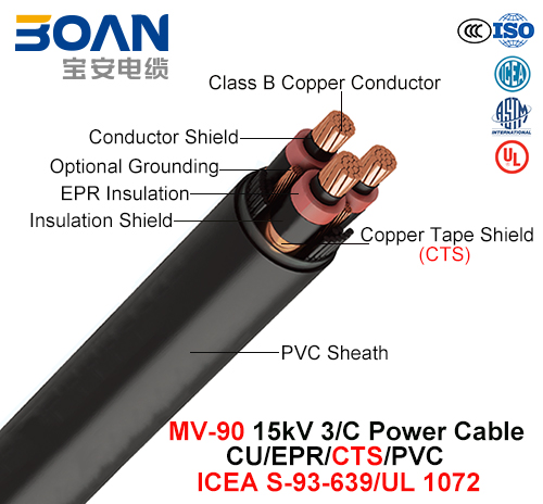 Mv-90, Power Cable, 15 Kv, 3/C, Cu/Epr/Cts/PVC (ICEA S-93-639/NEMA WC71/UL 1072 )
