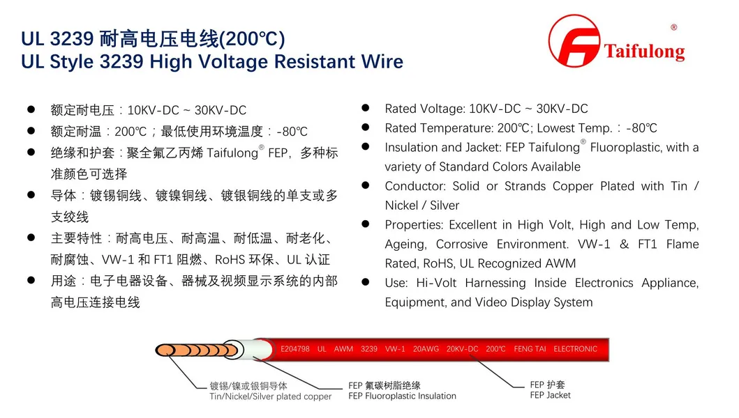 Taifulong FEP High-Voltage UL3239 22AWG 200&deg; C 20kv-DC Tinned Copper Electric Wire Manufacturer Teflon Electronic Cable