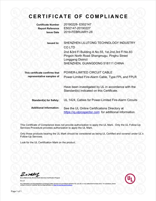 UL Listed 2 Core 14AWG Power Limited Circuit Cable Fire Alarm System Fire Alarm Control